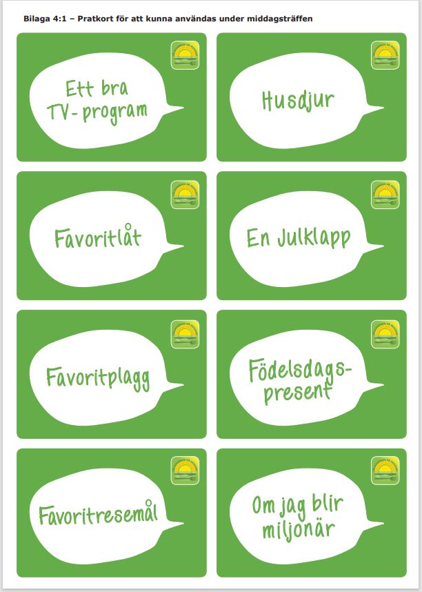8 olika pratkort med förslag på samtalsämnen