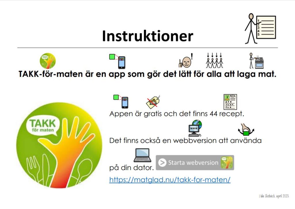 Förstasidan av elevinstruktion för TAKK-för-maten. Bilder och Logotyp.