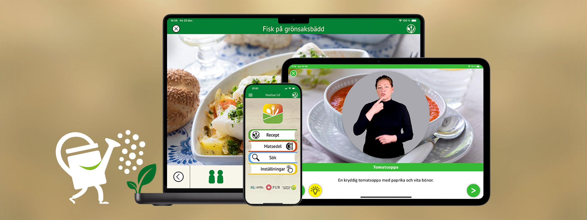 Några av MatGlad Familjens olika appar. På smartphone, surfplatta och dator.
