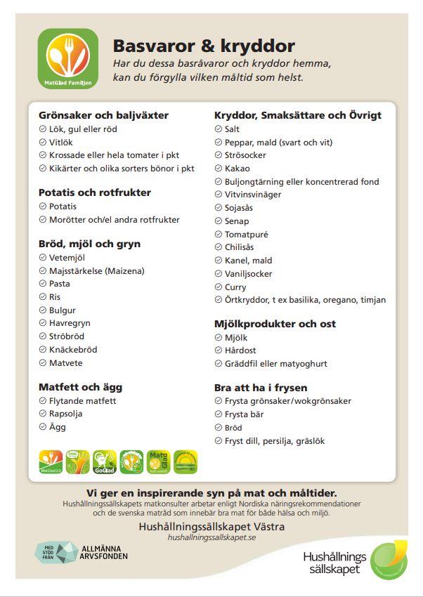 Bild av textlista med basvaror och kryddor.